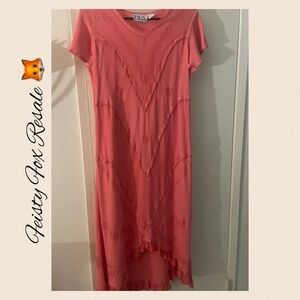 BFA Classics Pink Hi-Low Boho Dress Embroidered Tie Back Romantic Cottagecore